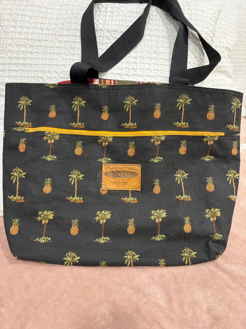 VINTAGE Anchor Blue Pineapple Palm Trees Tote Bag Y2K Tropical Resort Zip-Pocket
